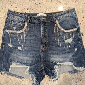 RISEN Distressed Denim Shorts XL Rhinestone Fringe Bling Cutoff